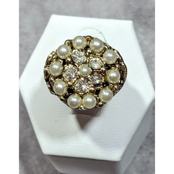 Vintage Glam Gold Tone Rhinestone Seed Pearl Adjustable Ring Size 6 - Picture 6 of 9